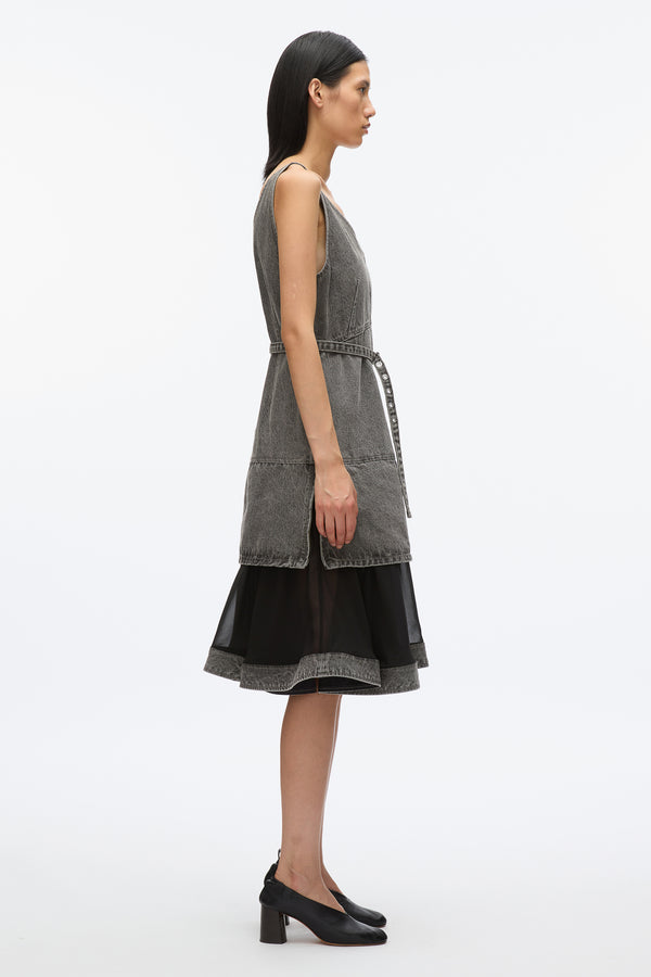 3.1 Phillip Lim Denim V Neck Dress With Chiffon Hem WASHED GREY