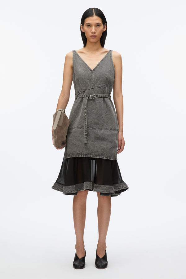 3.1 phillip lim Denim V Neck Dress with Chiffon Hem WASHED GREY