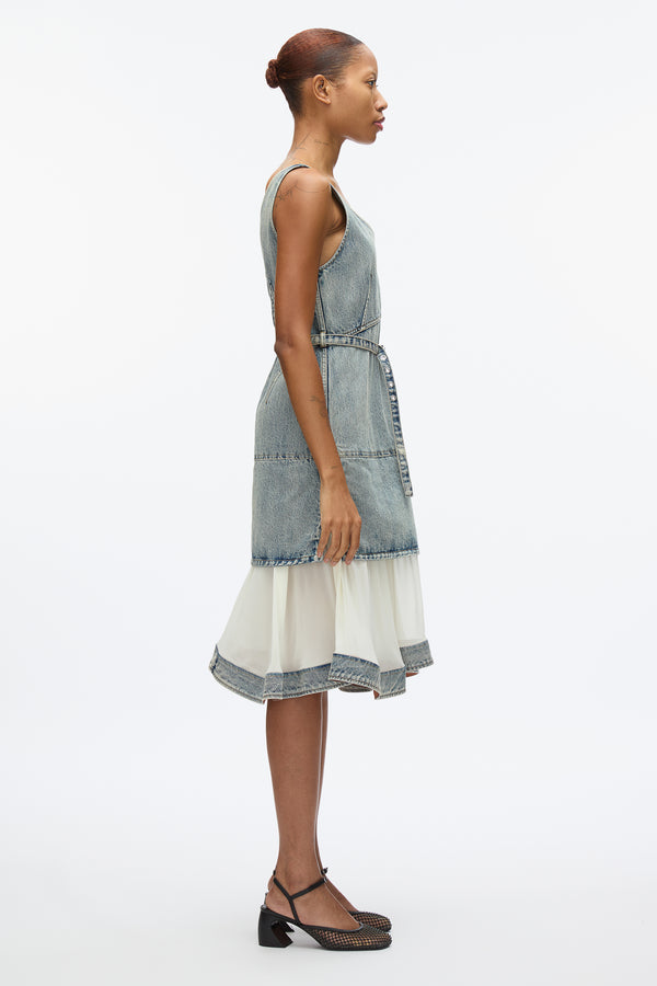 3.1 Phillip Lim Denim V Neck Dress With Chiffon Hem WASHED INDIGO