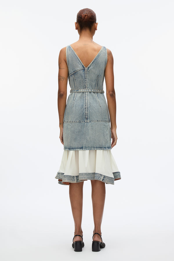 3.1 Phillip Lim Denim V Neck Dress With Chiffon Hem WASHED INDIGO