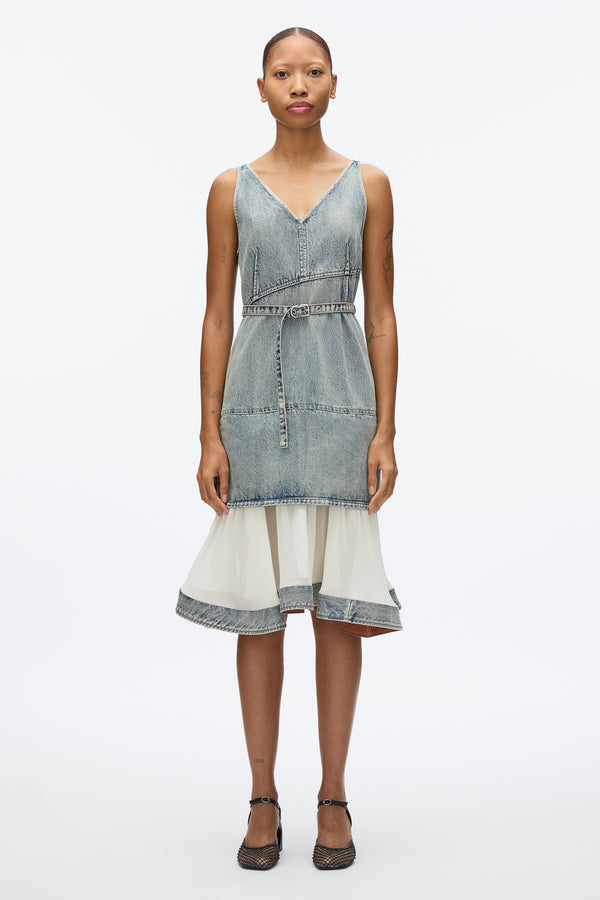 3.1 Phillip Lim Denim V Neck Dress With Chiffon Hem WASHED INDIGO