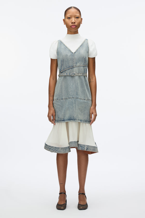 3.1 phillip lim Denim V Neck Dress with Chiffon Hem WASHED INDIGO