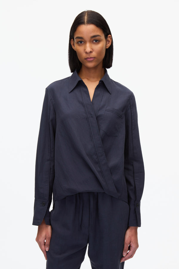 3.1 Phillip Lim Draped Crossover Long Sleeve Shirt NAVY