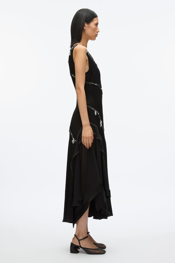 3.1 Phillip Lim Embroidered V-neck Satin Gown BLACK