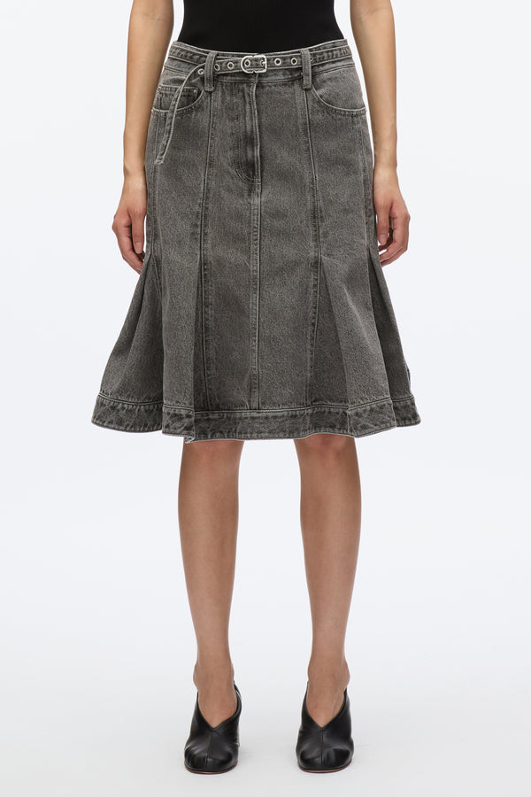 3.1 Phillip Lim Flounce Hem Belted Denim Skirt WASHED GREY