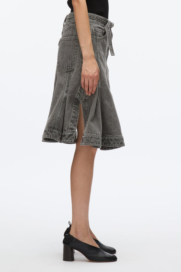 3.1 Phillip Lim Flounce Hem Belted Denim Skirt WASHED GREY