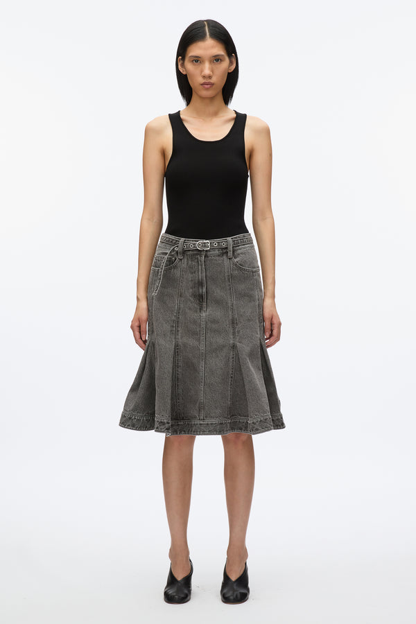 3.1 phillip lim Flounce Hem Belted Denim Skirt WASHED GREY