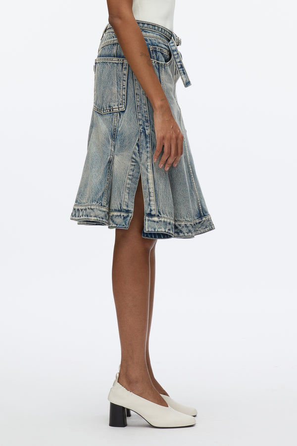 3.1 Phillip Lim Flounce Hem Belted Denim Skirt WASHED INDIGO