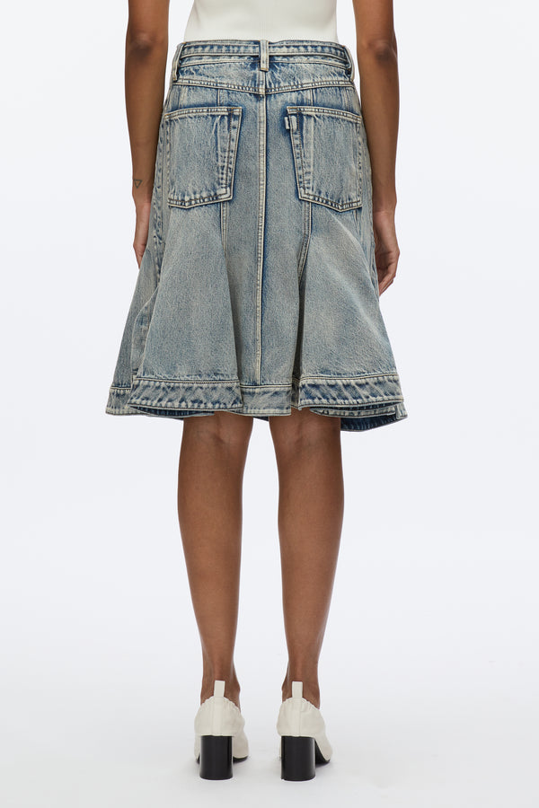 3.1 Phillip Lim Flounce Hem Belted Denim Skirt WASHED INDIGO