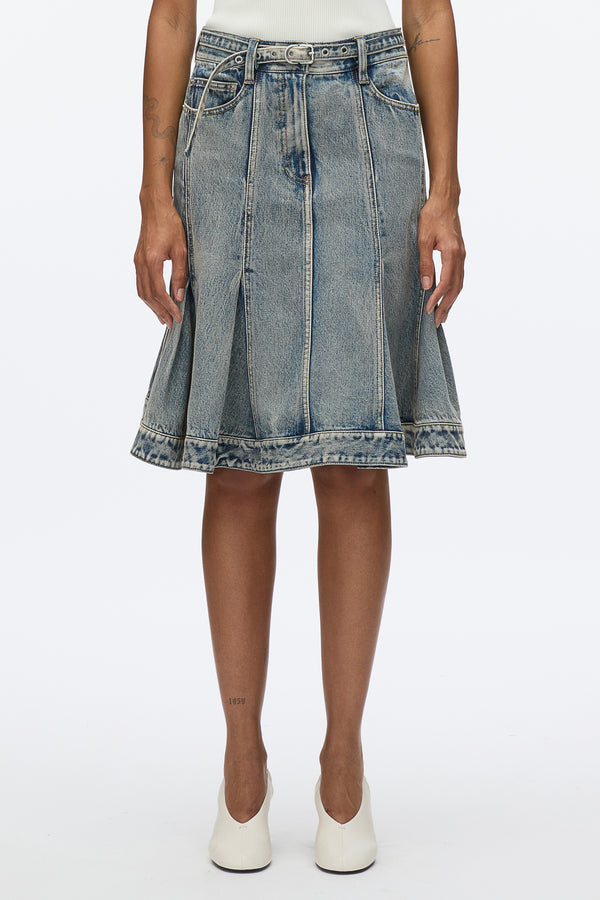 3.1 Phillip Lim Flounce Hem Belted Denim Skirt WASHED INDIGO
