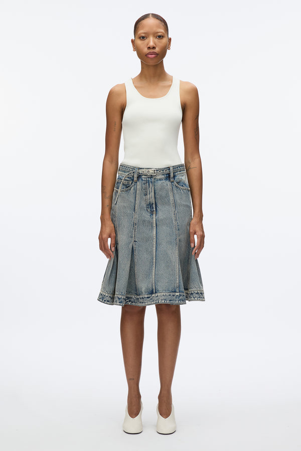 3.1 phillip lim Flounce Hem Belted Denim Skirt WASHED INDIGO