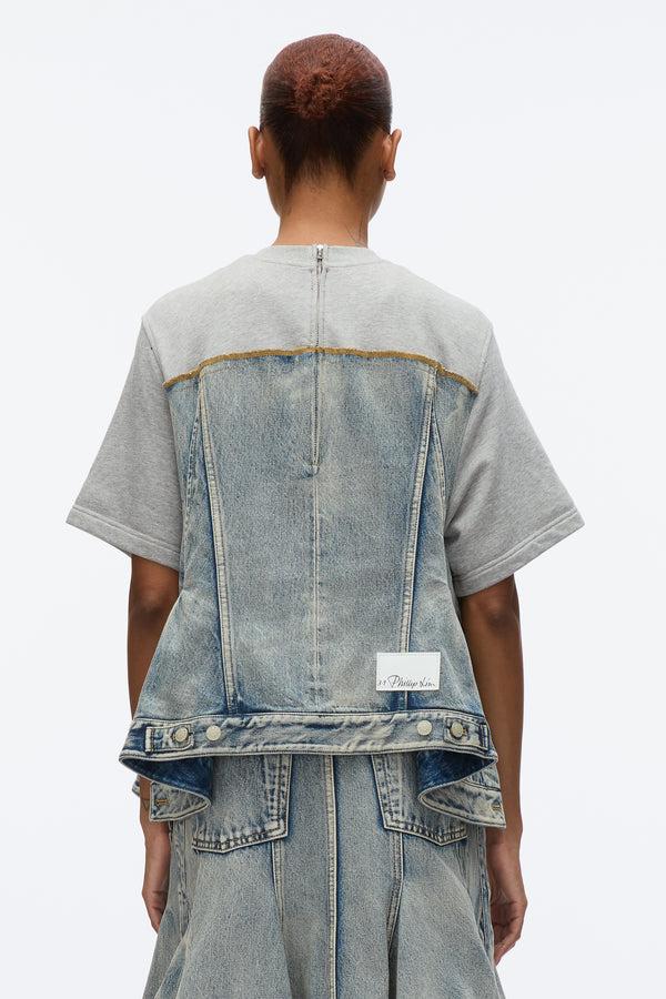 3.1 Phillip Lim Flounce Hem Hybrid Denim Top WASHED INDIGO-GREY