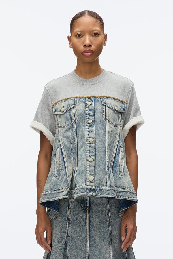 3.1 Phillip Lim Flounce Hem Hybrid Denim Top WASHED INDIGO-GREY