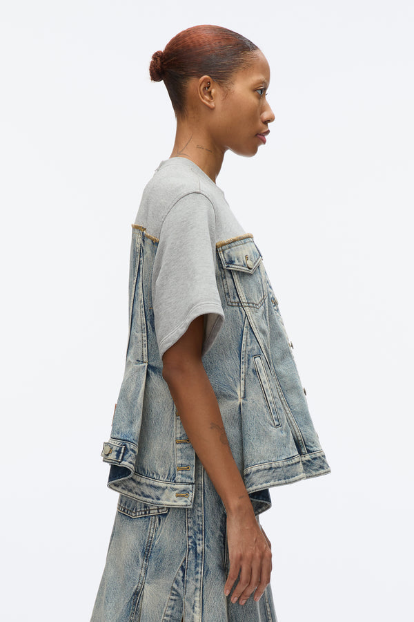 3.1 Phillip Lim Flounce Hem Hybrid Denim Top WASHED INDIGO-GREY