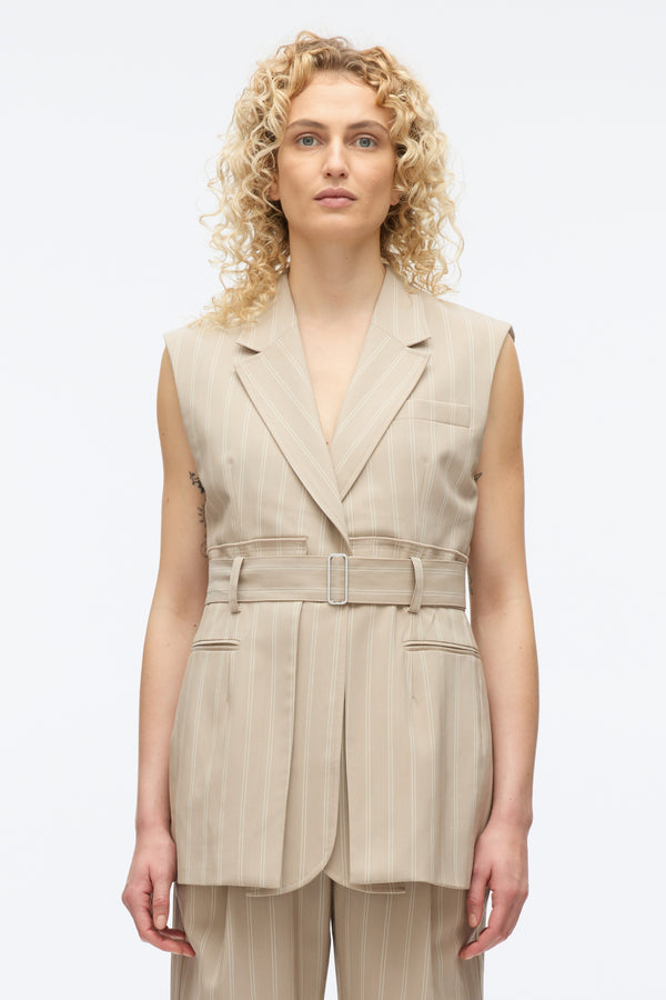 3.1 Phillip Lim Fluid Pinstripe Belted Blazer Vest FAWN