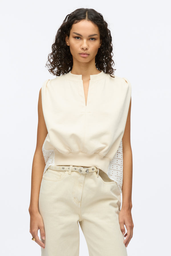 3.1 Phillip Lim French Terry Top With Broiderie Anglaise Combo ECRU-WHITE