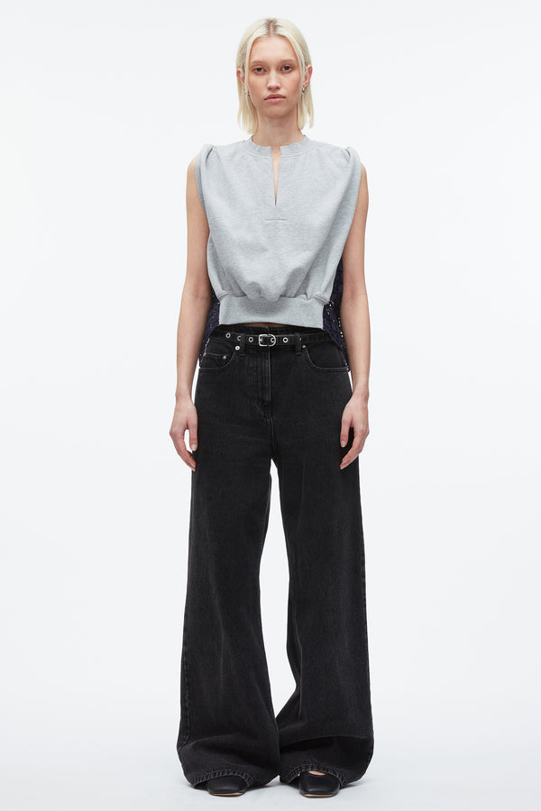 3.1 Phillip Lim French Terry Top With Broiderie Anglaise Combo MD HEATHER GREY - NAVY