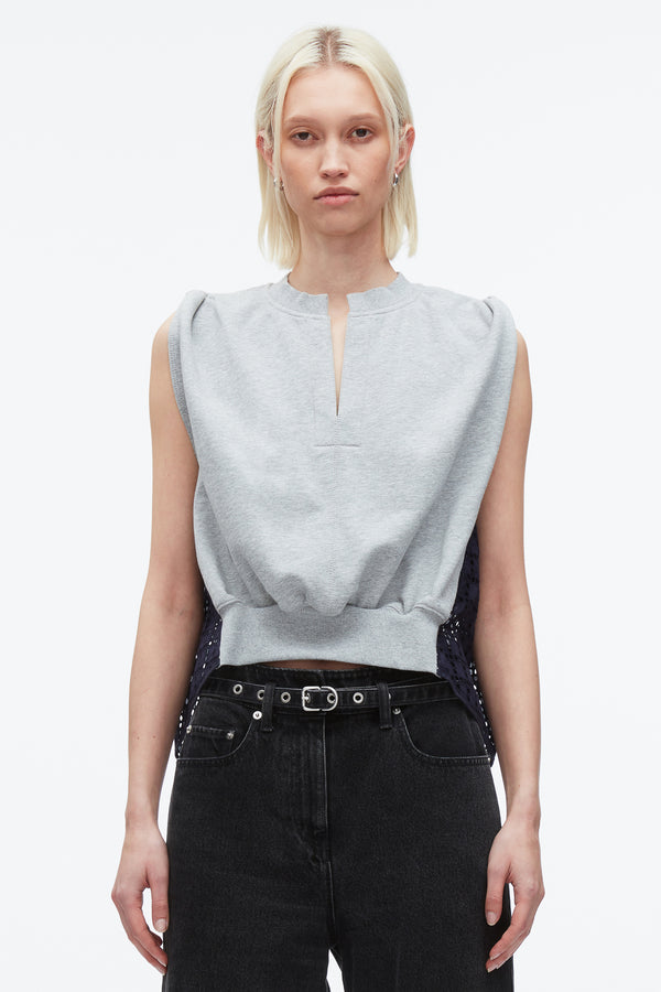 3.1 Phillip Lim French Terry Top With Broiderie Anglaise Combo MD HEATHER GREY - NAVY