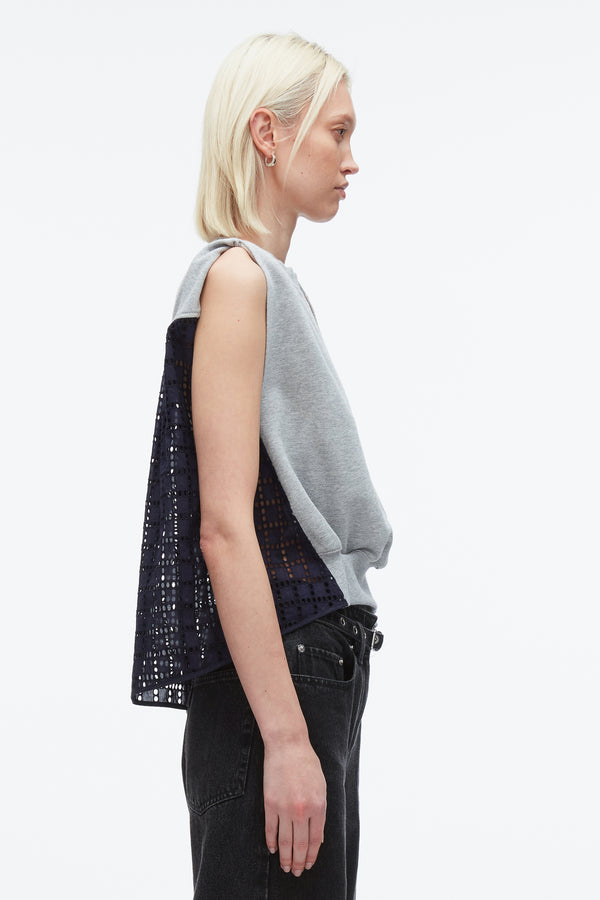 3.1 Phillip Lim French Terry Top With Broiderie Anglaise Combo MD HEATHER GREY - NAVY