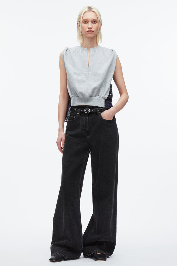 3.1 phillip lim French Terry Top with Broiderie Anglaise Combo MD HEATHER GREY - NAVY