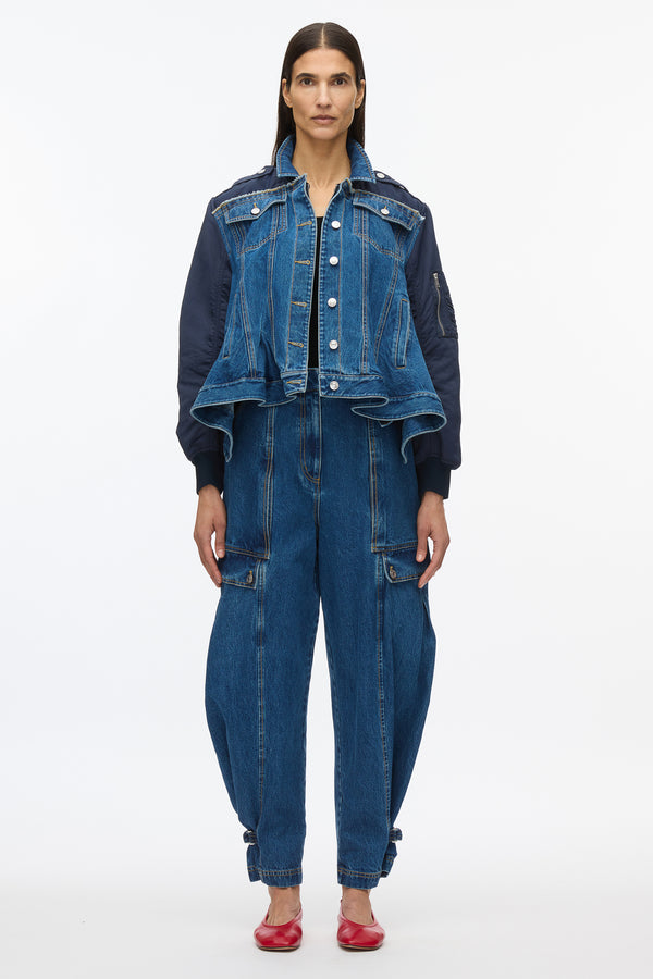 3.1 Phillip Lim Hybrid Denim Flight Jacket With Flounce Hem VINTAGE BLUE