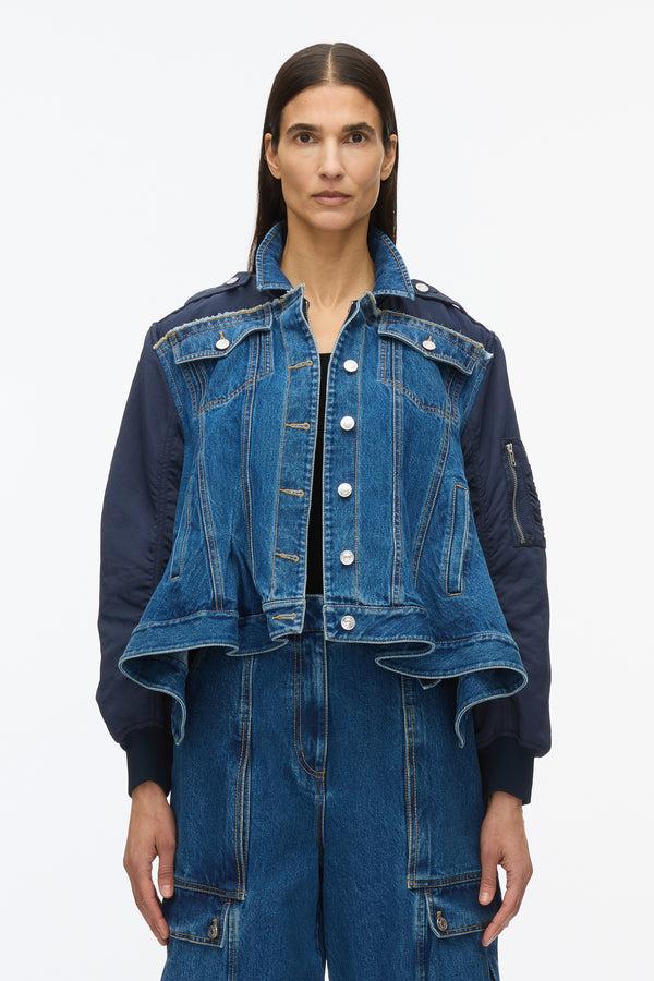 3.1 Phillip Lim Hybrid Denim Flight Jacket With Flounce Hem VINTAGE BLUE