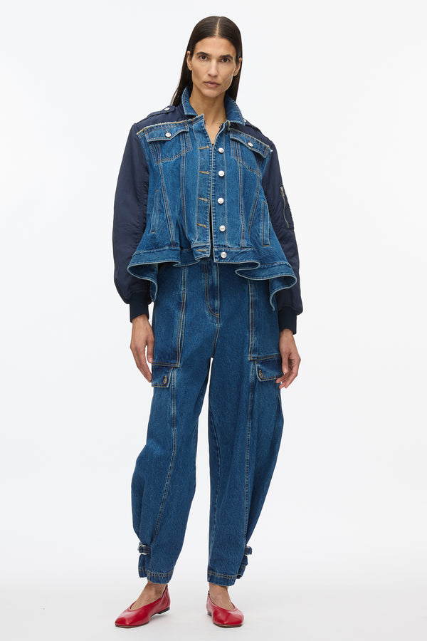 3.1 phillip lim Hybrid Denim Flight Jacket With Flounce Hem VINTAGE BLUE