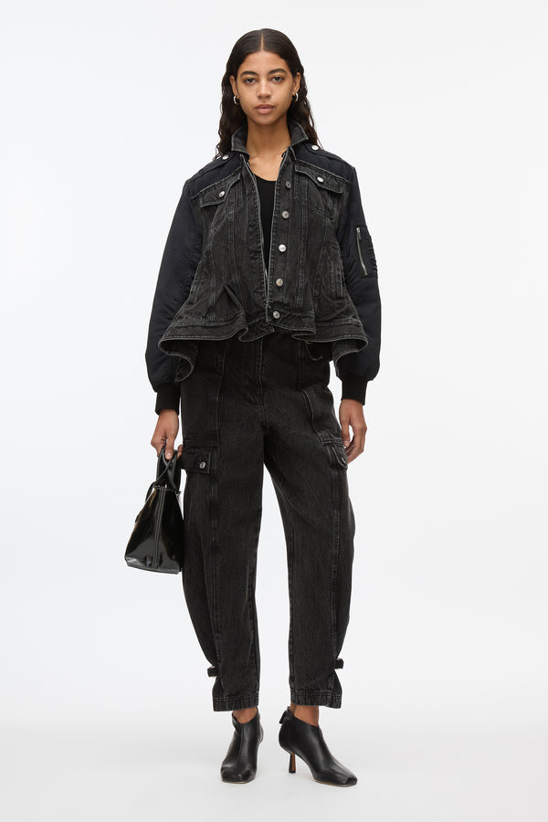 3.1 Phillip Lim Hybrid Denim Flight Jacket With Flounce Hem WASHED BLK