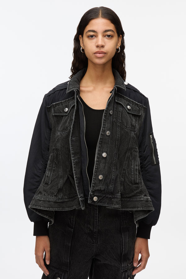 3.1 Phillip Lim Hybrid Denim Flight Jacket With Flounce Hem WASHED BLK