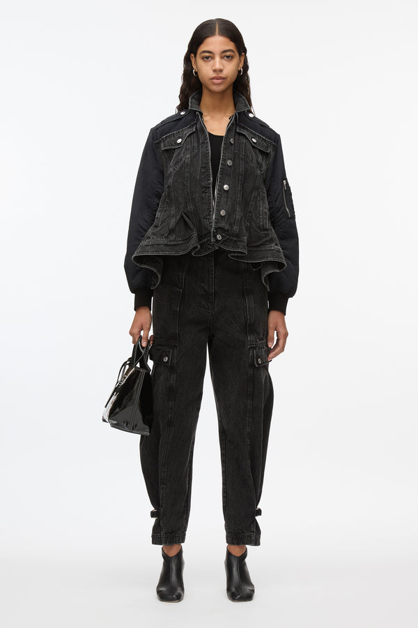 3.1 phillip lim Hybrid Denim Flight Jacket With Flounce Hem WASHED BLK