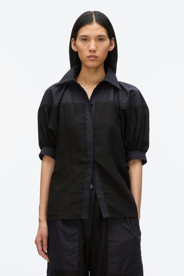 3.1 Phillip Lim Lantern Sleeve Combo Shirt BLACK-MIDNIGHT