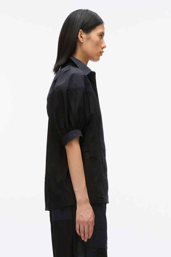 3.1 Phillip Lim Lantern Sleeve Combo Shirt BLACK-MIDNIGHT