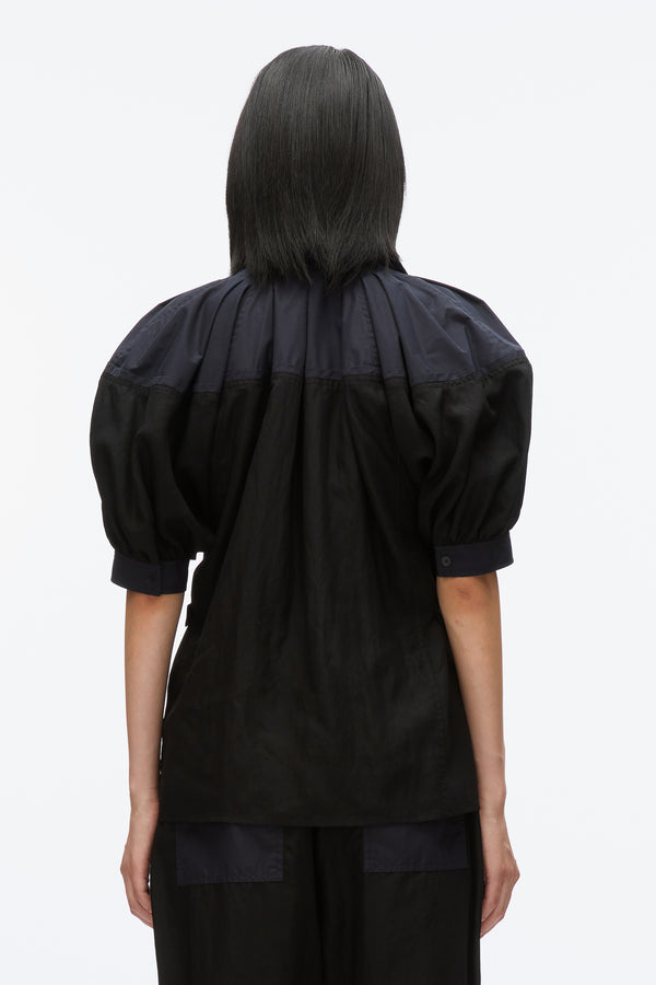 3.1 Phillip Lim Lantern Sleeve Combo Shirt BLACK-MIDNIGHT