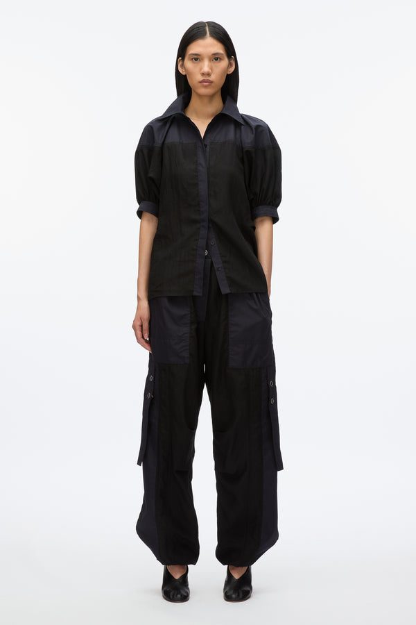 3.1 phillip lim Lantern Sleeve Combo Shirt BLACK-MIDNIGHT