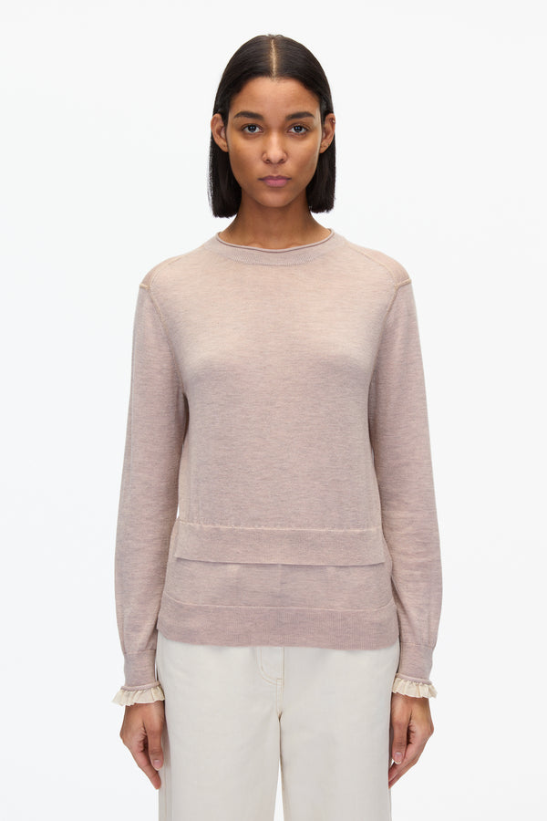 3.1 Phillip Lim Layered Wool Silk Crew Sweater W Chiffon Cuff TAUPE