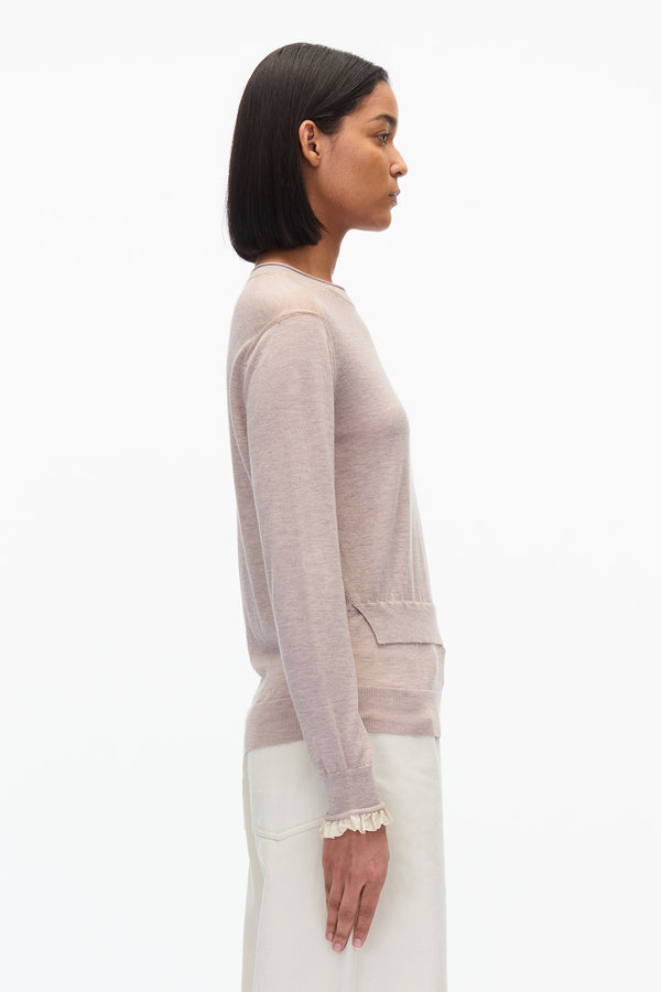 3.1 Phillip Lim Layered Wool Silk Crew Sweater W Chiffon Cuff TAUPE