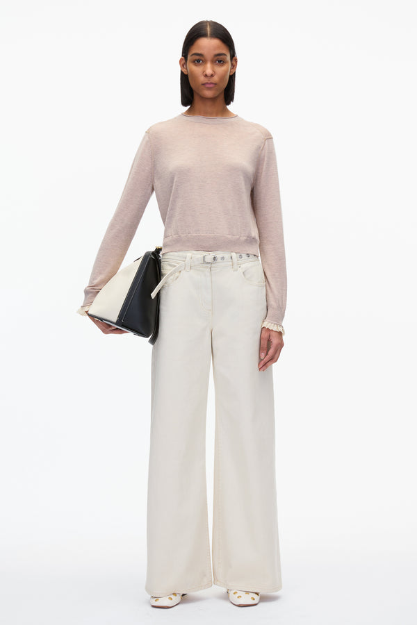 3.1 phillip lim Layered Wool Silk Crew Sweater w Chiffon Cuff TAUPE