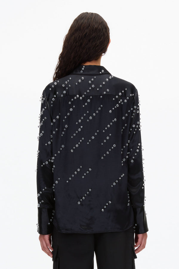 3.1 Phillip Lim Liquid Satin PJ Shirt With Rainfall Embroidery BLACK