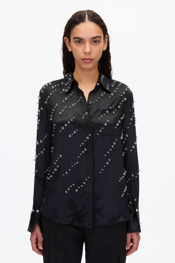 3.1 Phillip Lim Liquid Satin PJ Shirt With Rainfall Embroidery BLACK