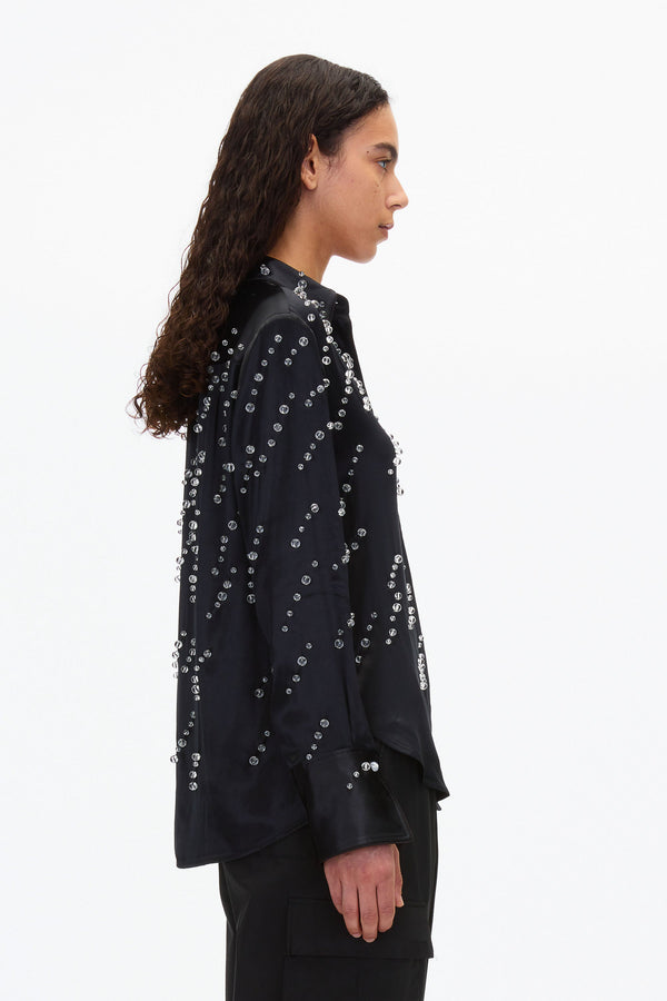 3.1 Phillip Lim Liquid Satin PJ Shirt With Rainfall Embroidery BLACK