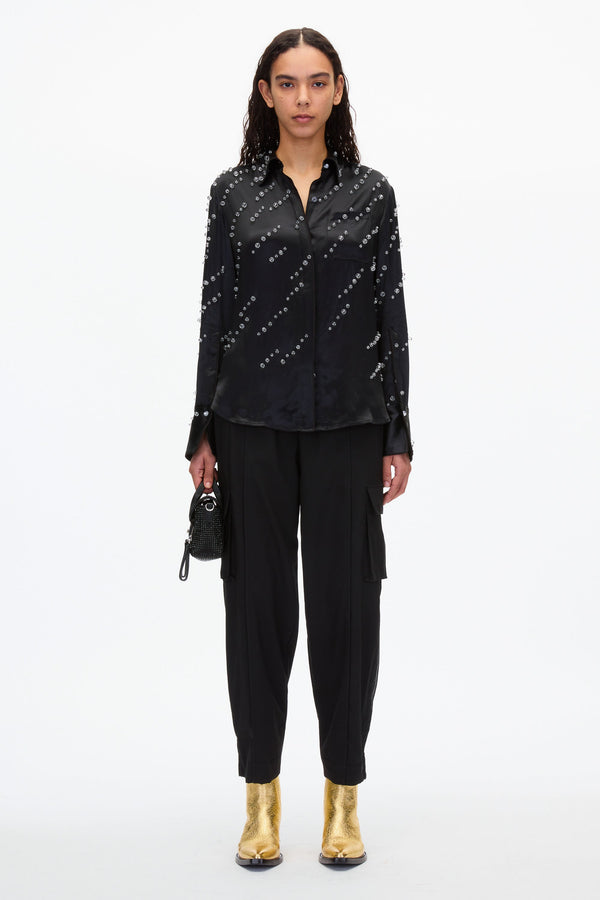 3.1 phillip lim Liquid Satin PJ Shirt with Rainfall Embroidery BLACK