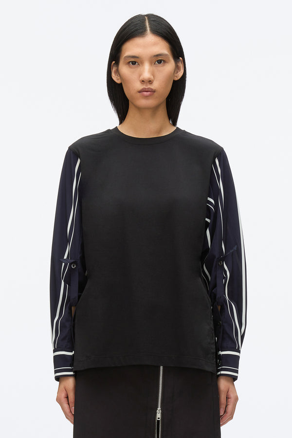 3.1 Phillip Lim Long Sleeve Tee With Stripe Shirting Sleeves BLACK-MIDNIGHT