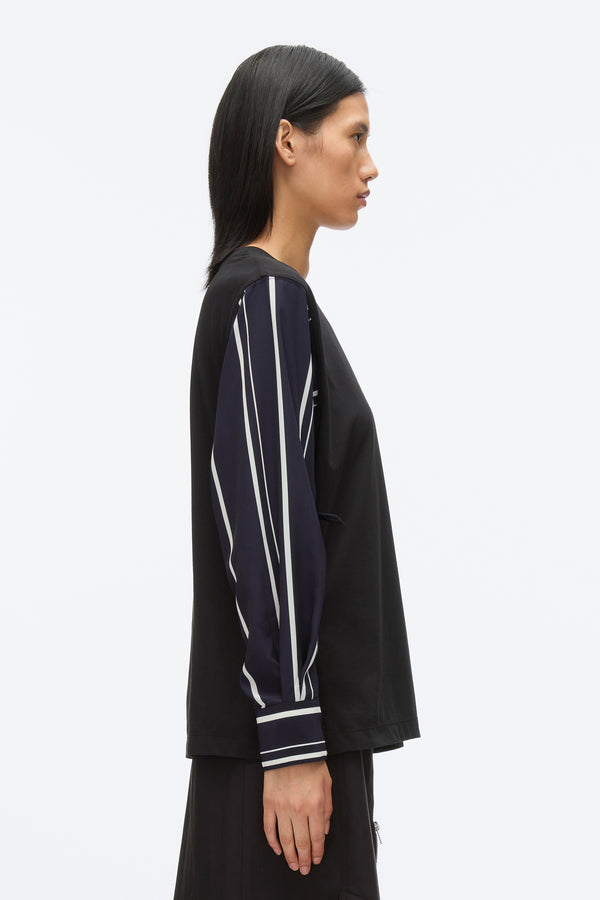 3.1 Phillip Lim Long Sleeve Tee With Stripe Shirting Sleeves BLACK-MIDNIGHT