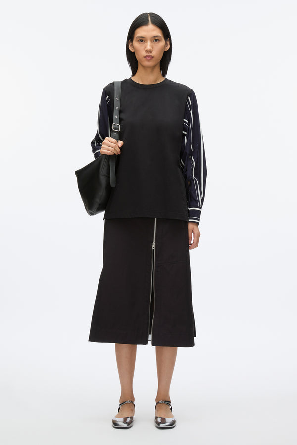 3.1 phillip lim Long Sleeve Tee with Stripe Shirting Sleeves BLACK-MIDNIGHT