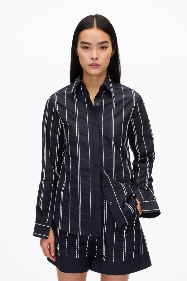 3.1 Phillip Lim Midnight Relax Fit Poplin Shirt With Wave Embroidery MIDNIGHT