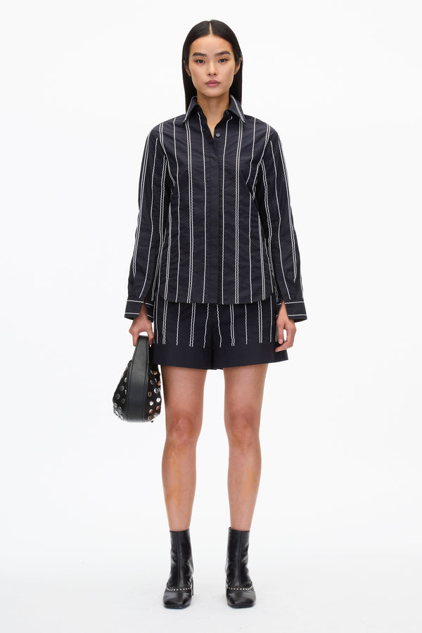 3.1 phillip lim Midnight Relax Fit Poplin Shirt with Wave Embroidery MIDNIGHT