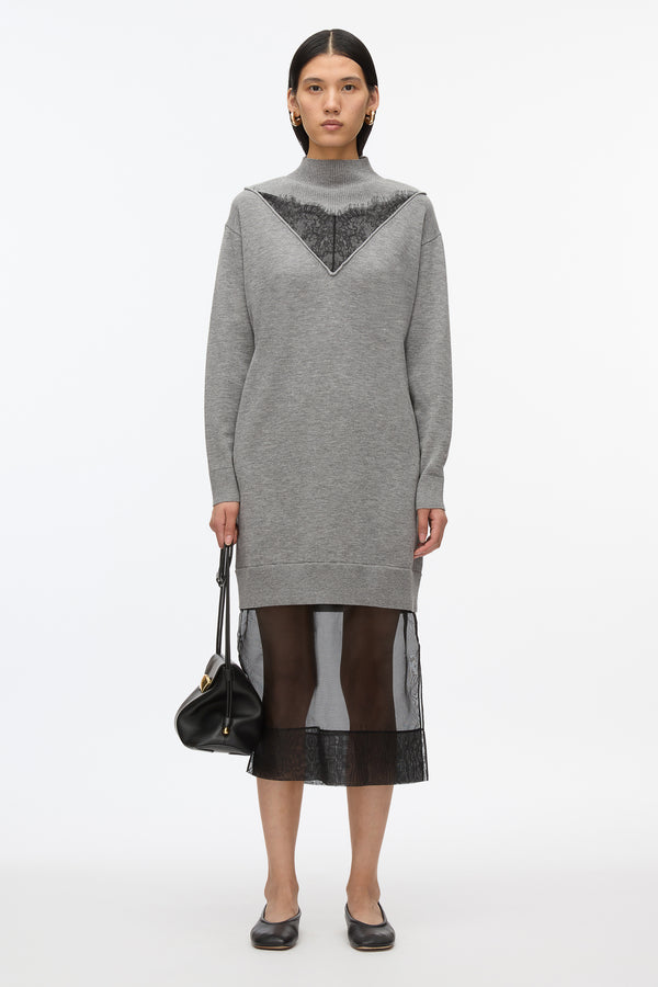 3.1 phillip lim Mockneck Knit Dress with Lace Inlay MEDIUM MELANGE GREY