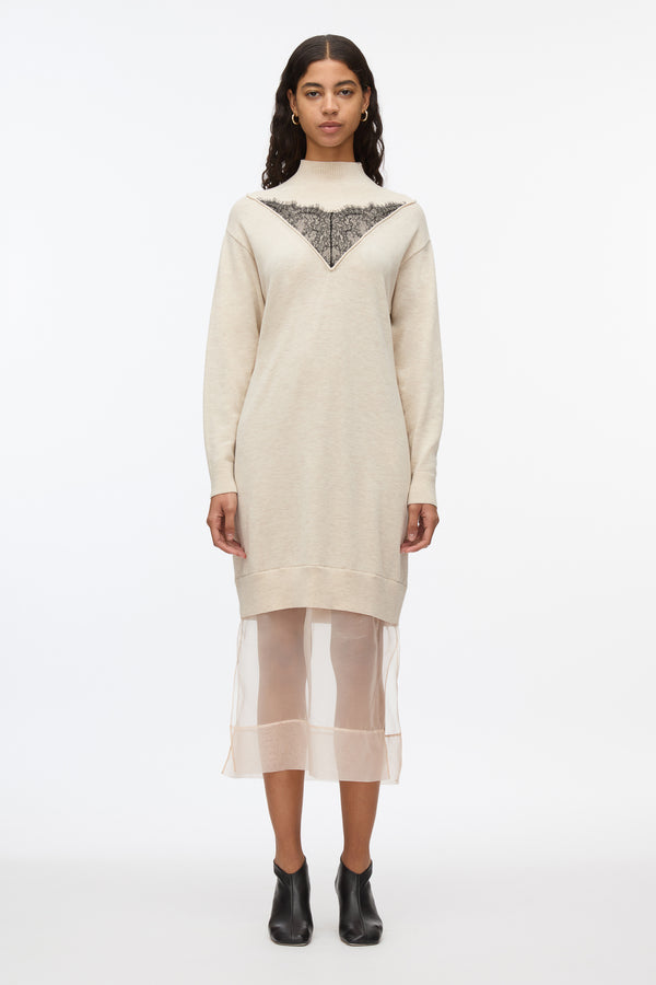3.1 phillip lim Mockneck Knit Dress with Lace Inlay OATMEAL