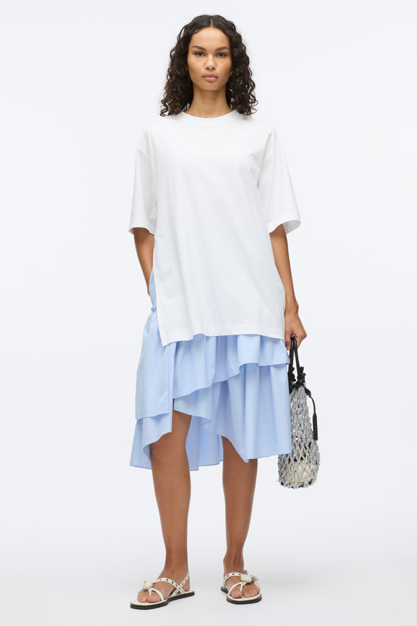 3.1 phillip lim Oversize T-Shirt Combo Dress with Ruffled Skirt WHITE-OXFORD BLUE