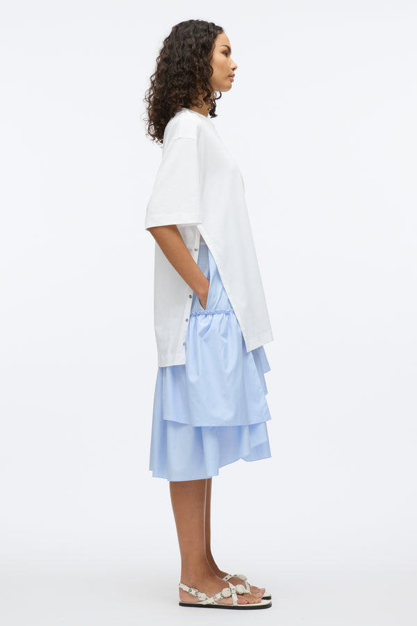 3.1 Phillip Lim Oversize T-Shirt Combo Dress With Ruffled Skirt WHITE-OXFORD BLUE